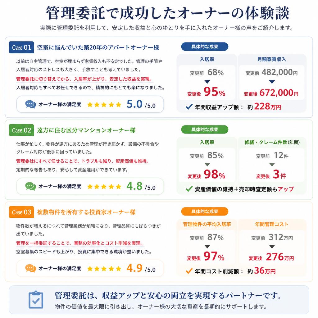 お客様の声：管理委託を利用した賃貸物件オーナーの成功談